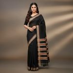 Black half silk cotton saree with red and cream stripe achol and patterned border