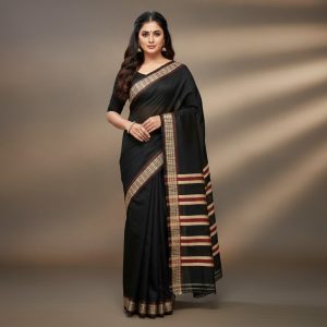 Black half silk cotton saree with red and cream stripe achol and patterned border
