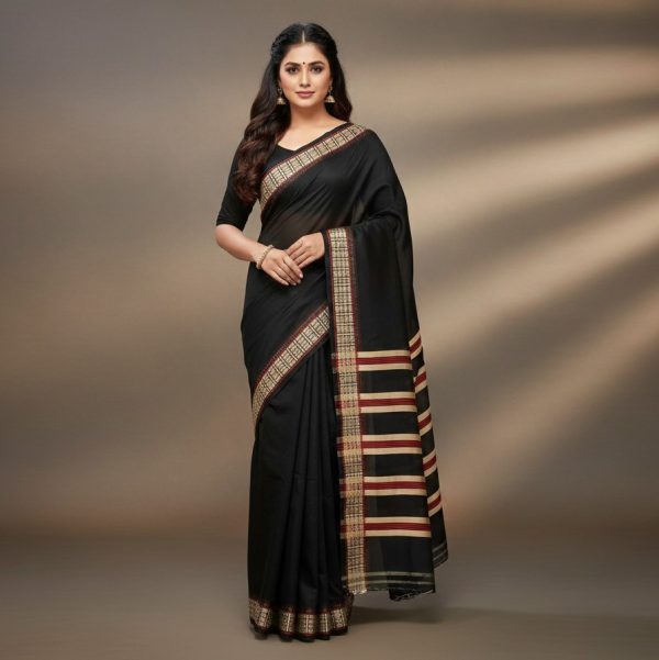 Black half silk cotton saree with red and cream stripe achol and patterned border