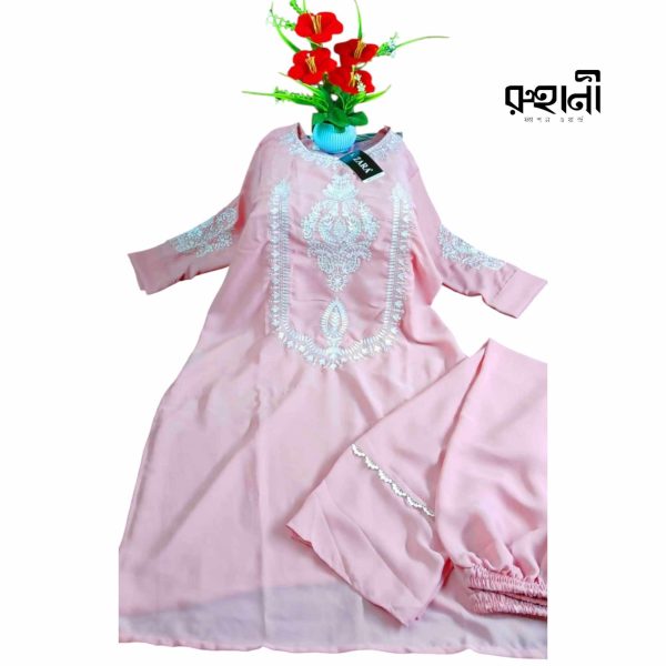 চেরি এম্বোডারি টু পিছ ড্রেস - Light Pink Cherry Two Piece Dress