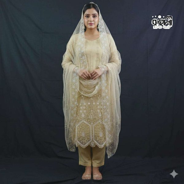 ক্রিমি গোল্ডেন নেট ফোর পিস/থ্রী পিস  | Creamy Golden Net Four Piece | Three Piece