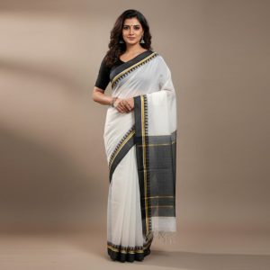 White half silk cotton saree with black border and golden stripe achol