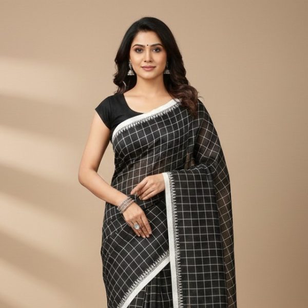 Black box check design half silk cotton saree with white triangle border
