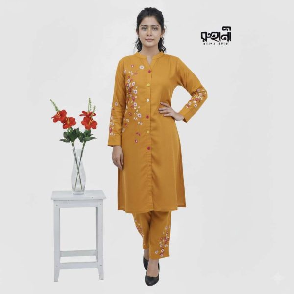 𝗗𝘂𝗯𝗮𝗶 𝗖𝗵𝗲𝗿𝗿𝘆 𝗚𝗲𝗼𝗿𝗴𝗲𝘁𝘁𝗲 𝗞𝗮𝗯𝗹𝗶 𝗦𝗵𝗶𝗿𝘁 - কাঁঠালি কালার দুবাই চেরি টু পিস ড্রেস