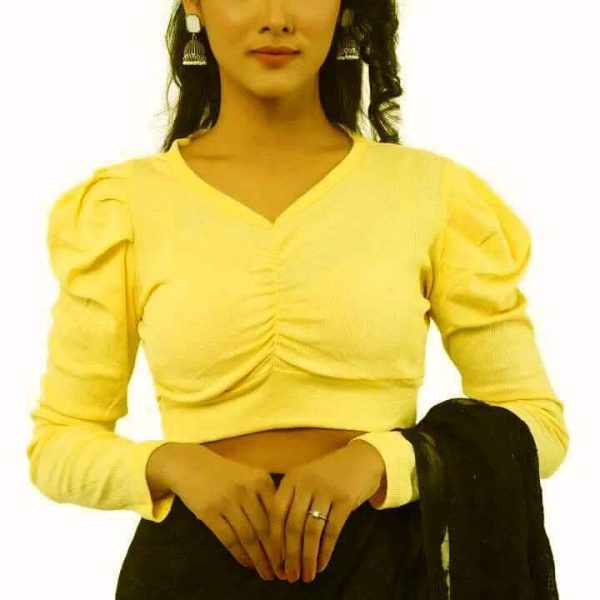 বাসন্তী রঙের ফুল হাতা এবং হাফ বডি রেডিমেড গেঞ্জি ব্লাউজ | Basonti Colour Full Sleeve Half Body Readymade Genji Blouse