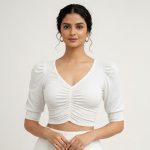 White Colour Half Sleeve And Half Body Readymade Genji Blouse
