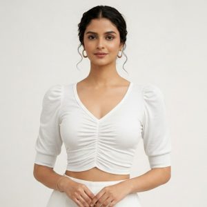 White Colour Half Sleeve And Half Body Readymade Genji Blouse