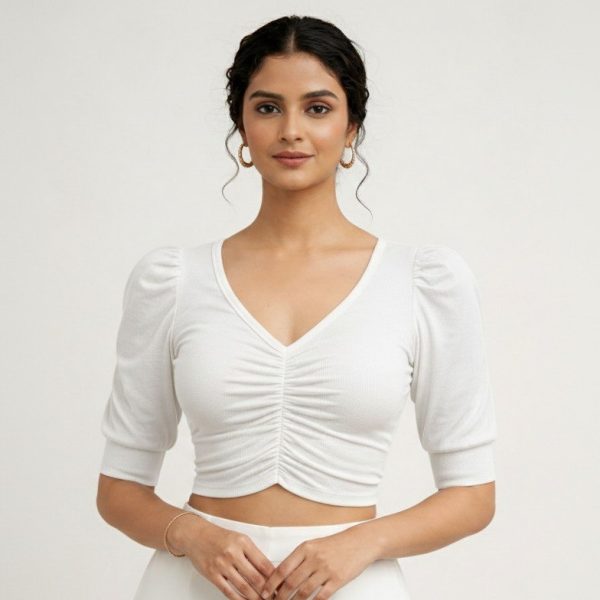White Colour Half Sleeve And Half Body Readymade Genji Blouse