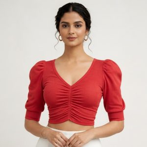 Red Colour Half Sleeve And Half Body Readymade Genji Blouse