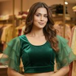 Net Sleeves Velvet Blouse Green Colour Online Collection Bangladesh and BD