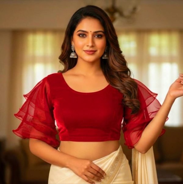 Net Sleeves Velvet Blouse Red Colour Online Collection Bangladesh and BD