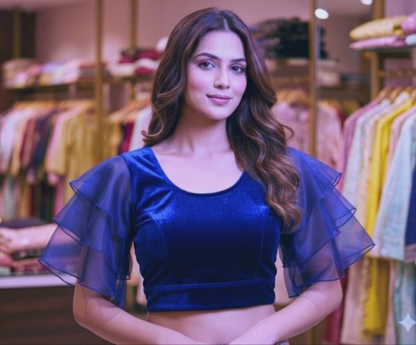 Net Sleeves Velvet Blouse Blue Colour Bangladesh