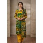 Vibrant green and yellow batik print cotton salwar kameez with matching dupatta and trousers for women
