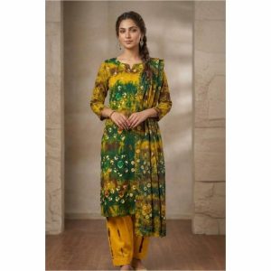 Vibrant green and yellow batik print cotton salwar kameez with matching dupatta and trousers for women