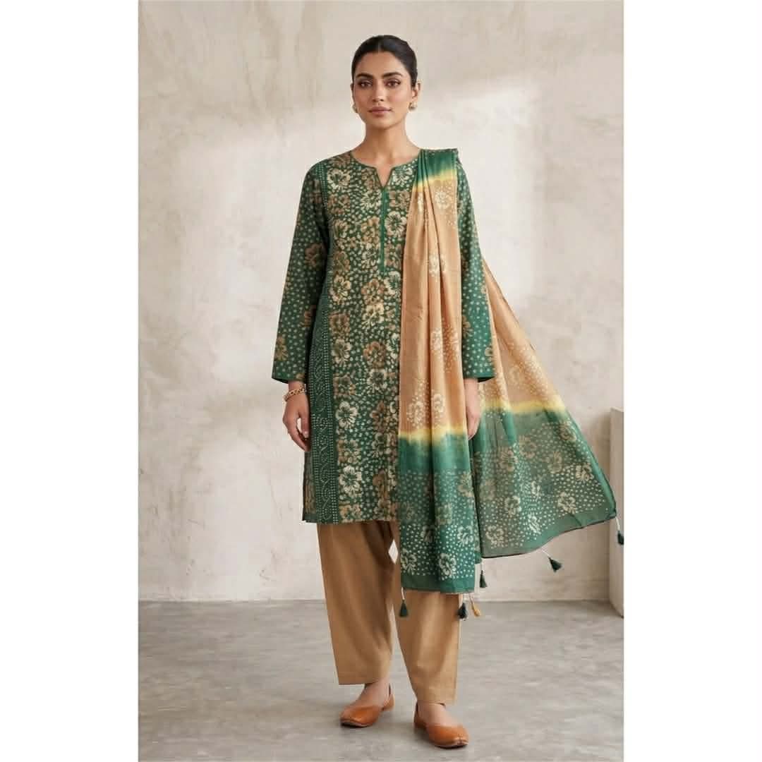 Elegant green and beige floral batik printed cotton three piece set for women