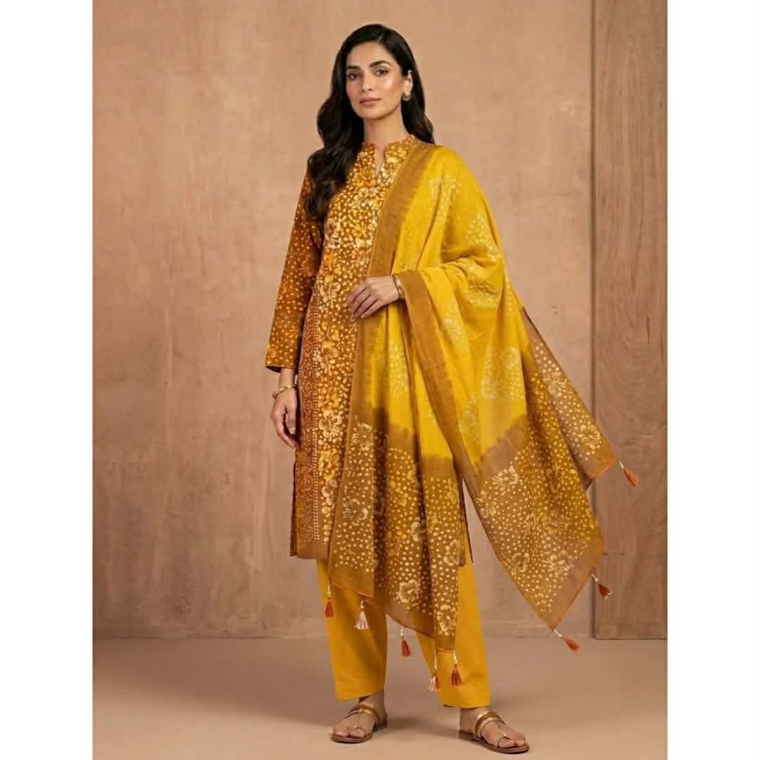 Mustard yellow and brown traditional batik print three piece dress for women