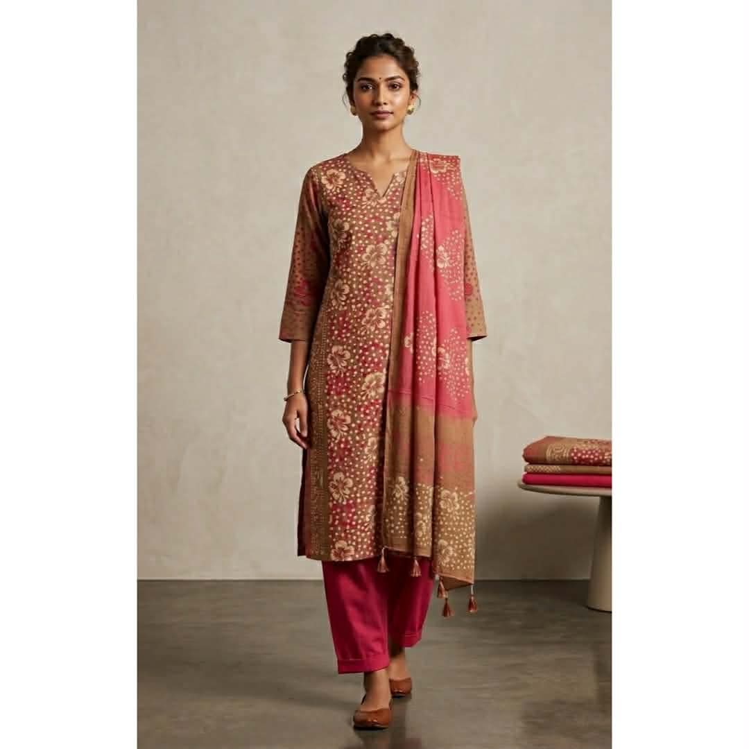 Stylish Brown and Pink Cotton Batik Three Piece Dress with Matching Dupatta