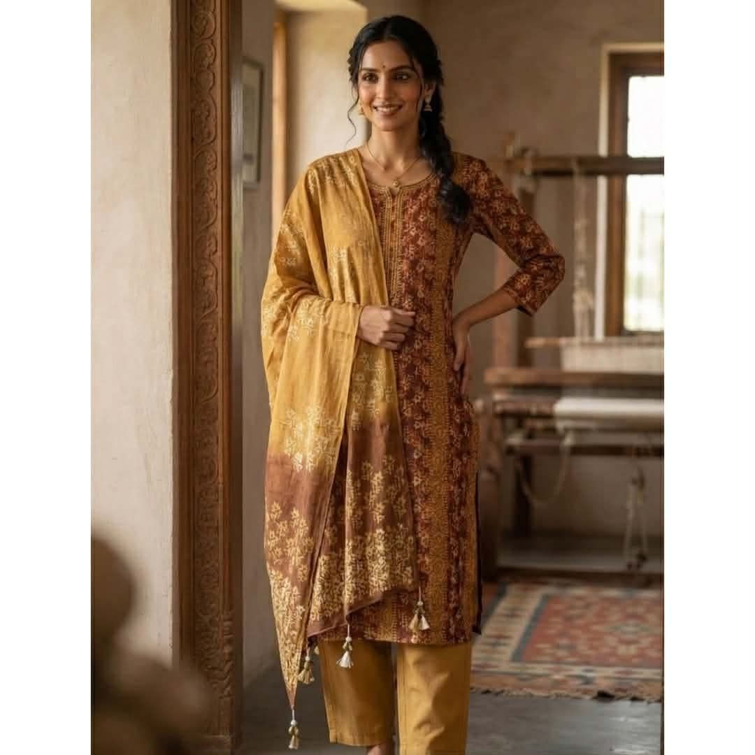 brown-and-mustard-cotton-batik-three-piece