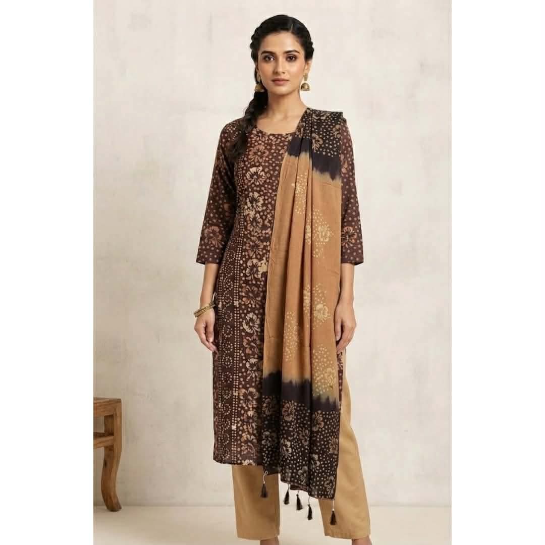 Woman wearing dark brown and beige cotton batik three piece with printed dupatta