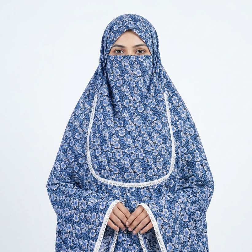 Blue floral printed cotton niqab hijab set with white lace trim