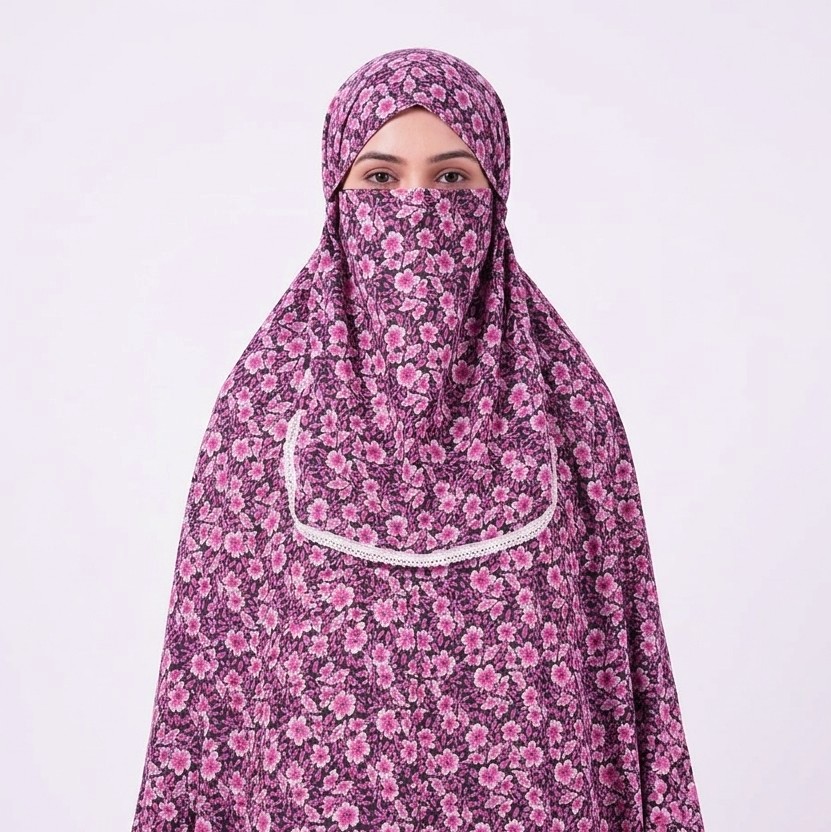 Floral printed cotton niqab hijab set with white lace trim