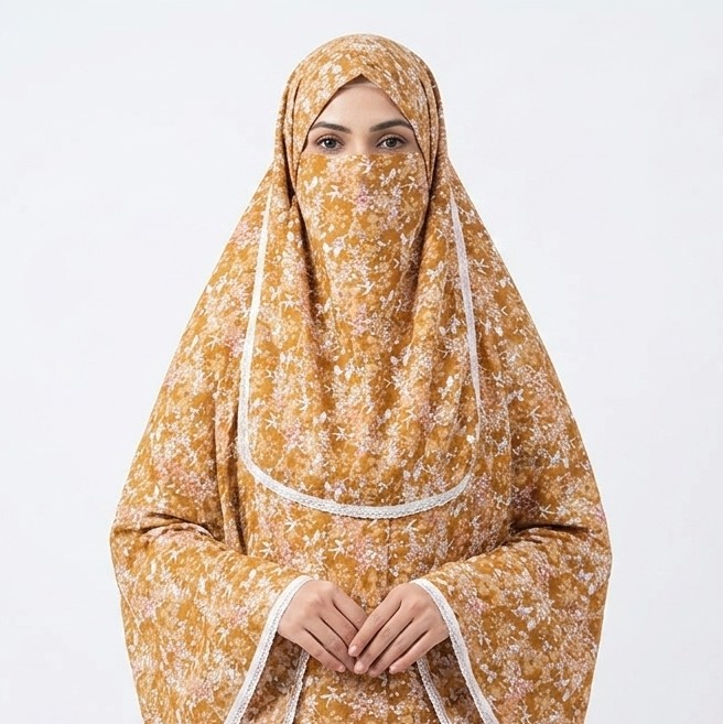 Mustard yellow floral printed cotton niqab hijab set with white lace trim
