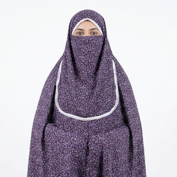 Deep purple floral printed cotton niqab hijab set with white lace trim