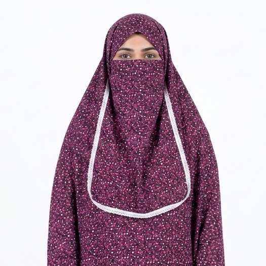 Dark magenta floral printed cotton niqab hijab set with white lace trim