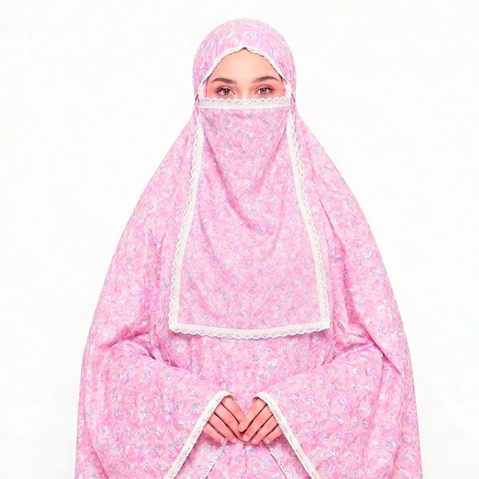 Light pink floral printed cotton niqab hijab set with white lace trim
