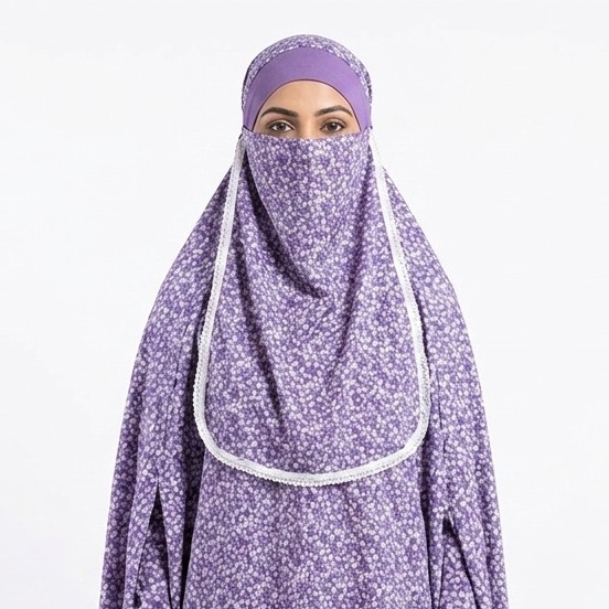 Purple floral printed cotton niqab hijab set with white lace trim