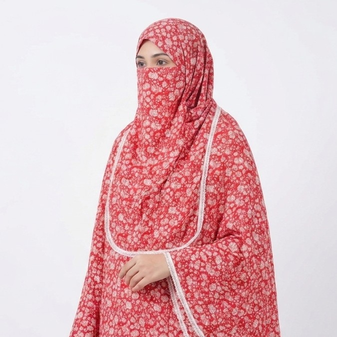 Red floral printed cotton niqab hijab set with white lace trim