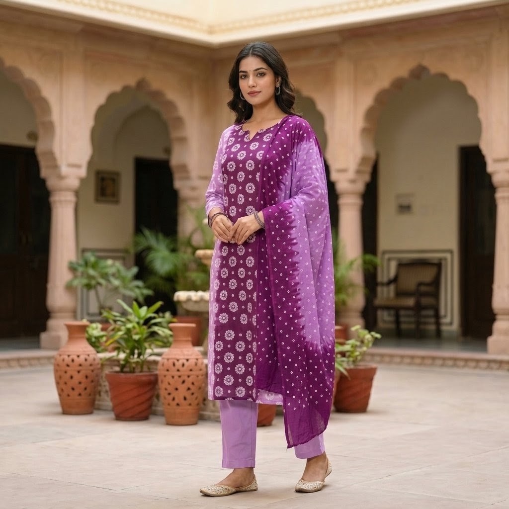 Woman wearing a purple floral printed batik salwar kameez with matching dupatta
