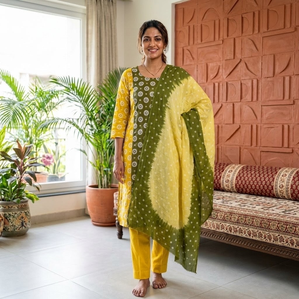 Woman wearing a dual-tone yellow and olive green floral batik printed cotton salwar kameez with a matching dupatta