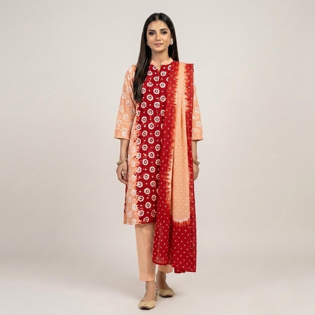 Woman wearing a dual-tone red and light peach printed batik cotton salwar kameez with matching dupatta
