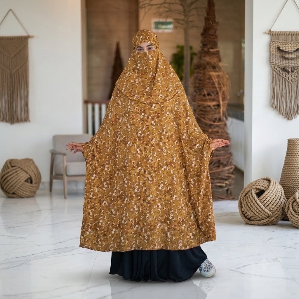 Woman wearing a mustard yellow floral printed overhead khimar abaya with matching niqab