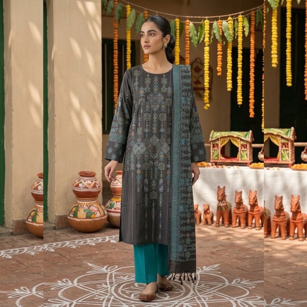 Model showcasing a dark charcoal grey and teal geometric printed cotton boutique three-piece salwar kameez suit in a courtyard setup.