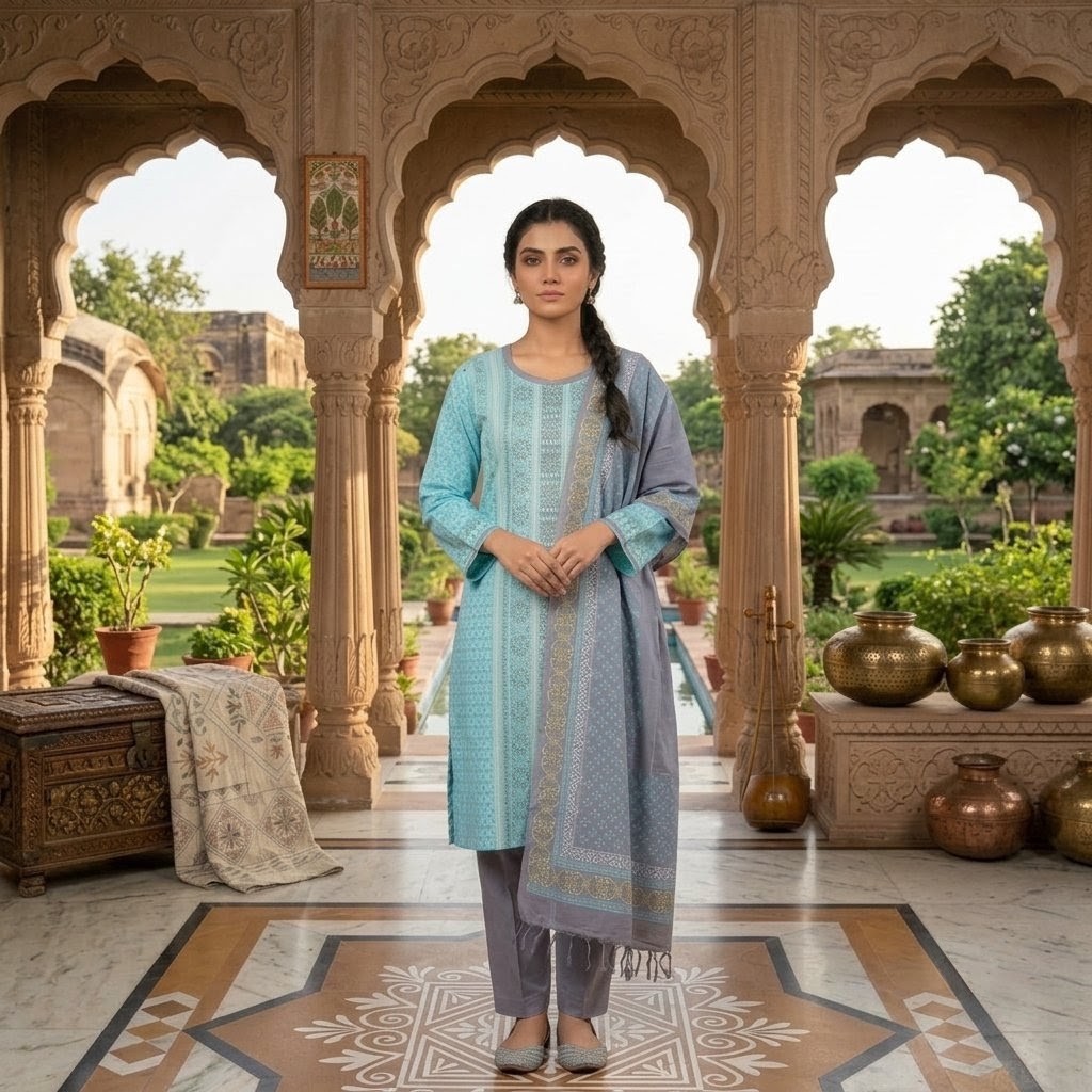 A full-length photo of a woman in a turquoise and grey printed three-piece boutique salwar kameez set, standing in a traditional courtyard.