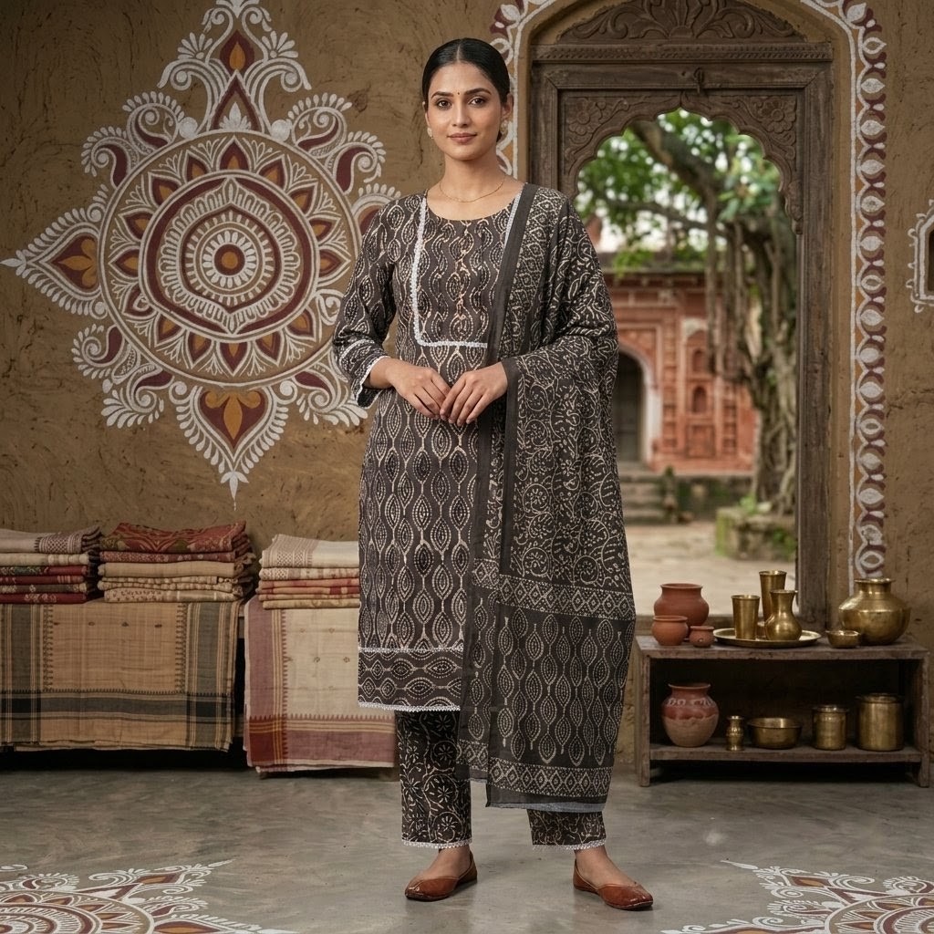 A woman modeling a charcoal grey handblock printed three-piece salwar kameez suit against a traditional wall backdrop.