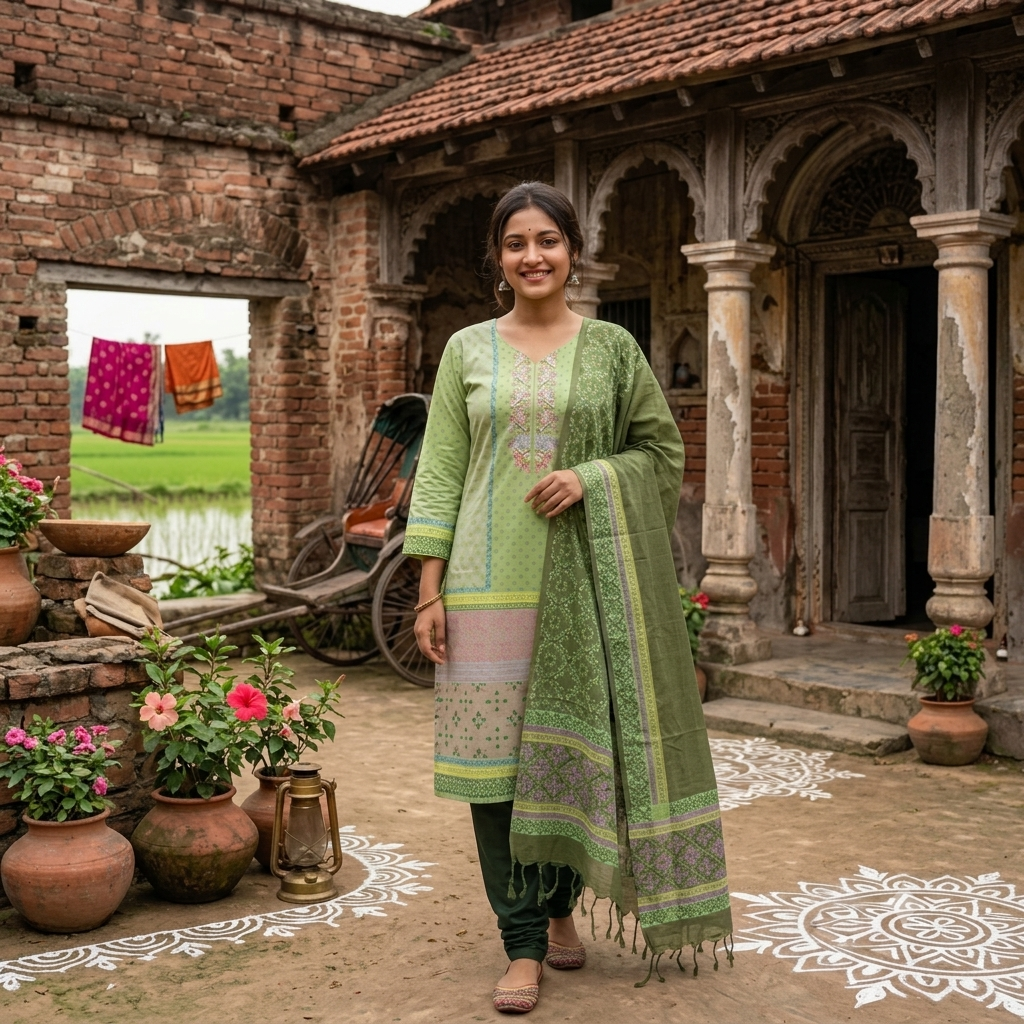 A young woman smiling and posing in a light and dark green embroidered cotton three-piece salwar kameez suit, standing in a traditional village courtyard.
