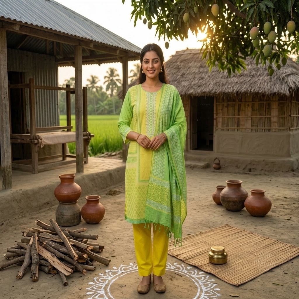 Model wearing a vibrant lime green and yellow printed cotton boutique three-piece salwar kameez suit in a rural outdoor setting.