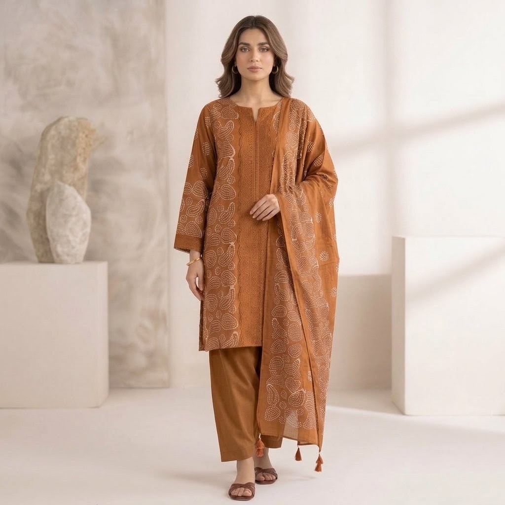 A beautiful woman modeling a brown batik embroidered three-piece suit including a long tunic (kameez), trousers (salwar), and matching dupatta.