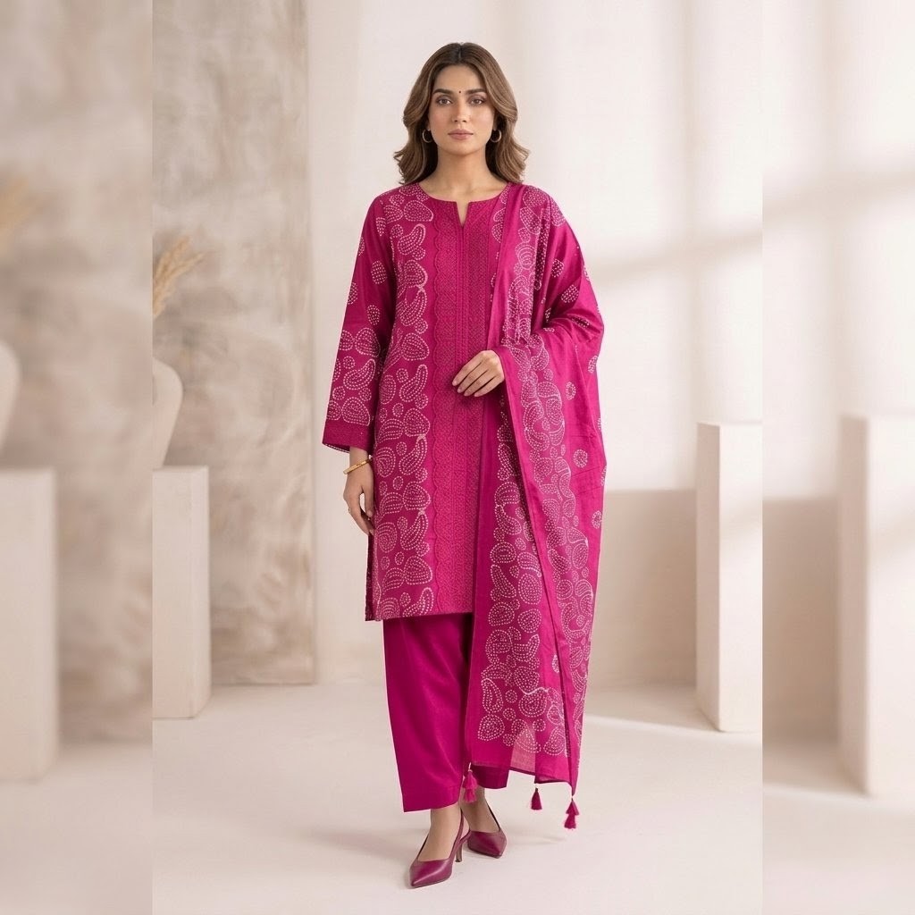 Model wearing a magenta batik worked three-piece suit with a dupatta.