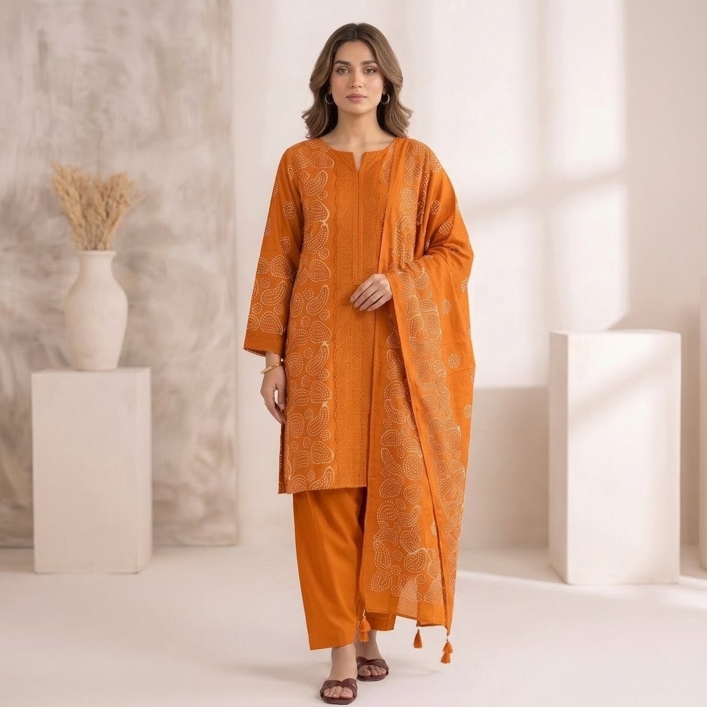 Model wearing an elegant mustard yellow batik embroidered three-piece suit with a dupatta