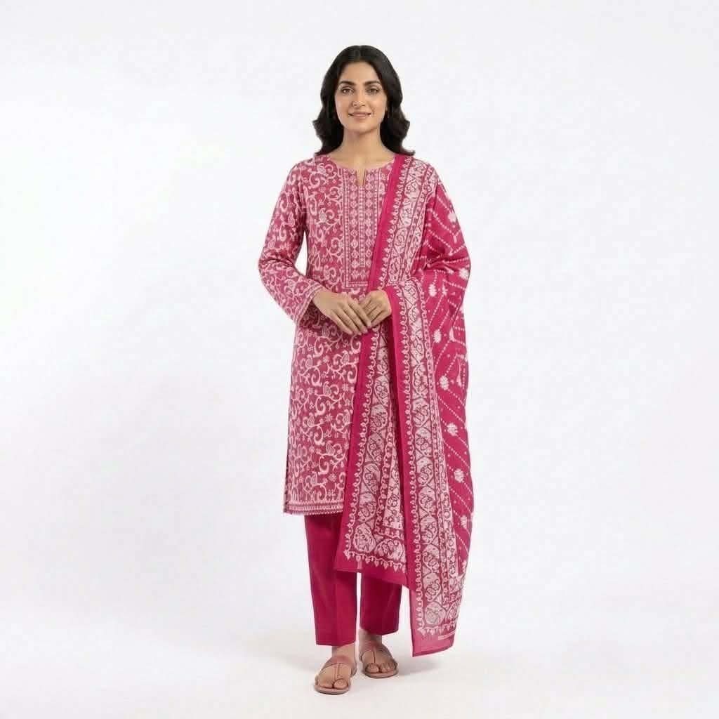 Model wearing magenta pink printed cotton three piece dress with matching dupatta