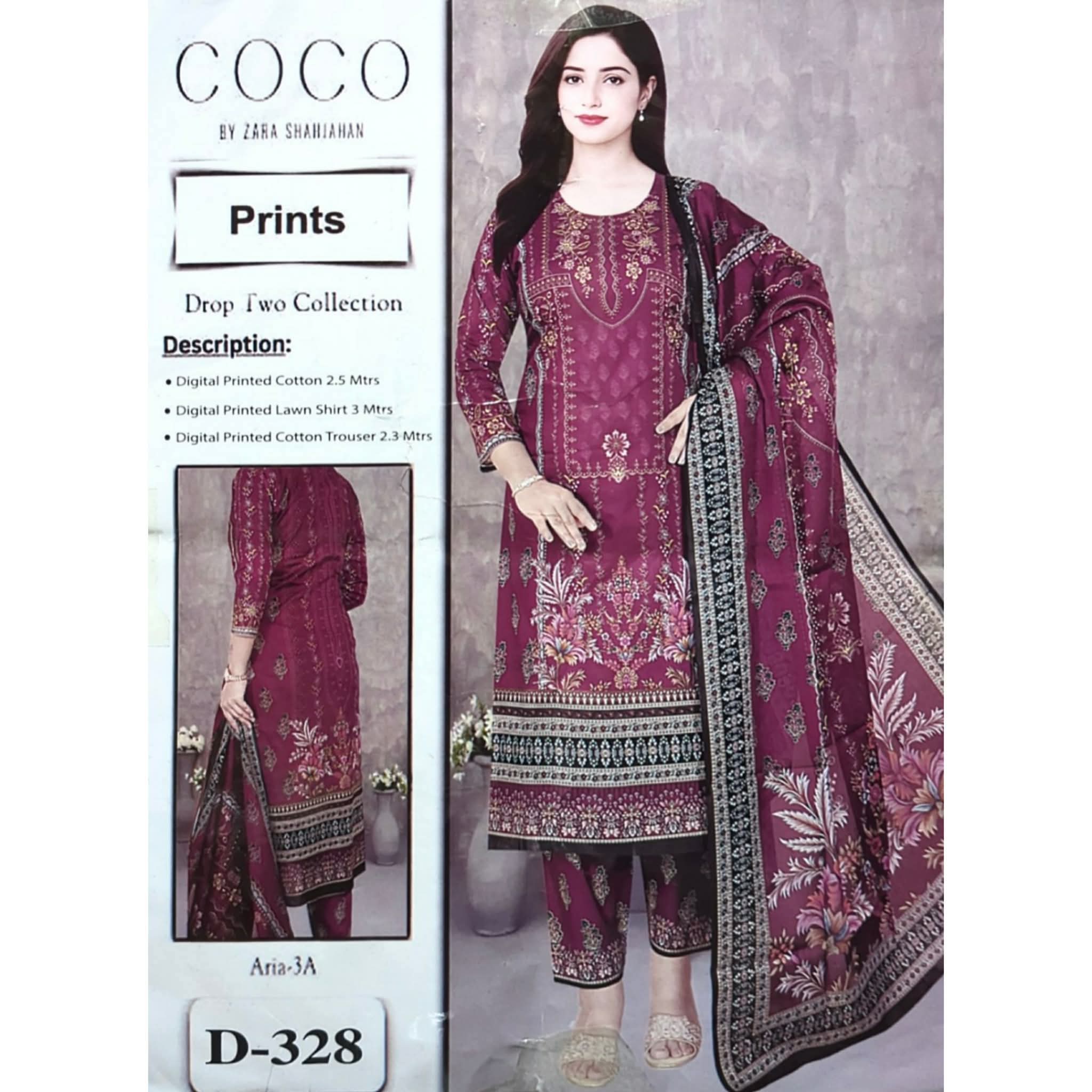 Pakistani Digital Printed Lawn Cotton Three Piece Suit in Plum Deep Magenta (COCO By Zara Shahjahan D-328)