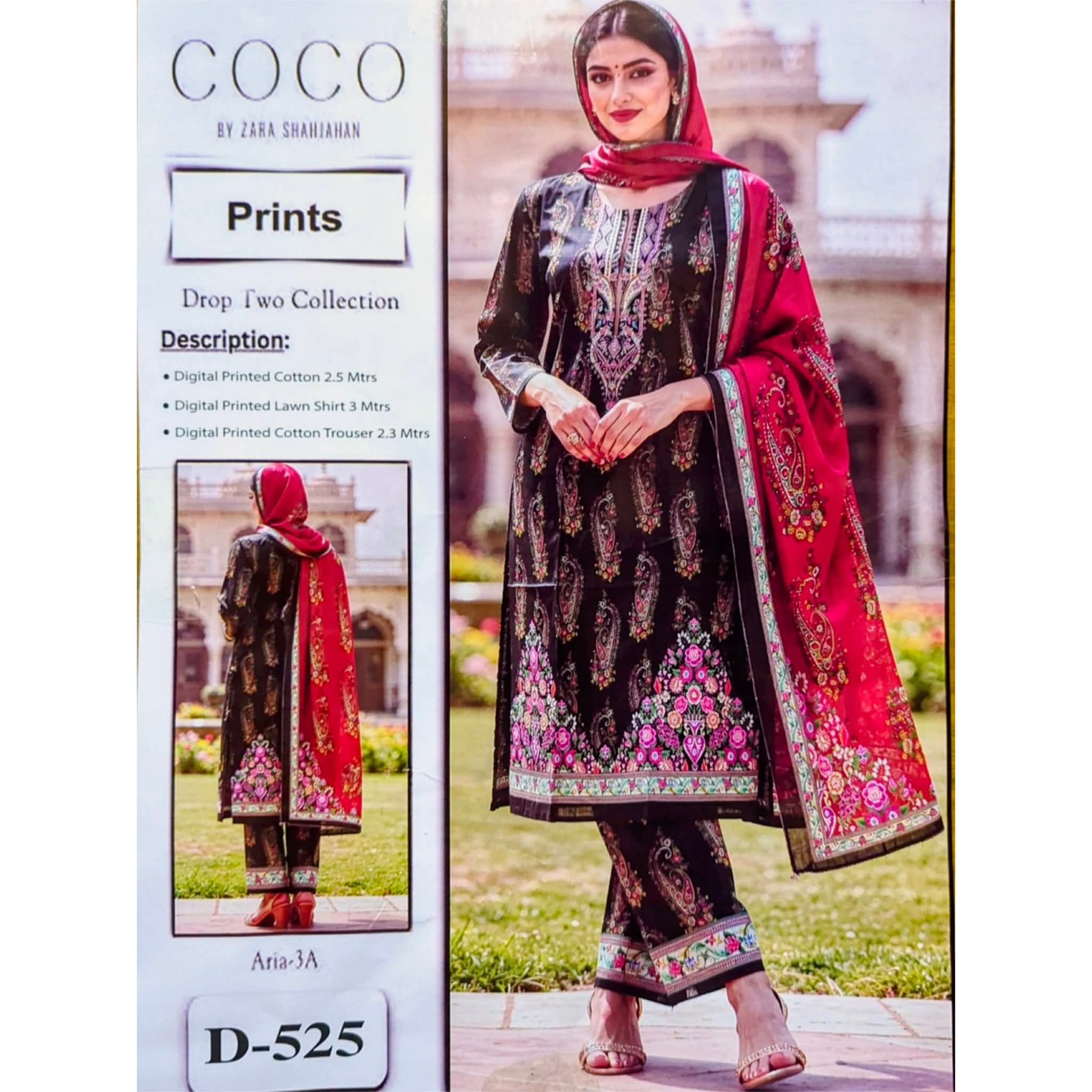 COCO By Zara Shahjahan Pakistani Digital Printed Lawn Cotton Three Piece Suit in Black and Red (Design D-525)