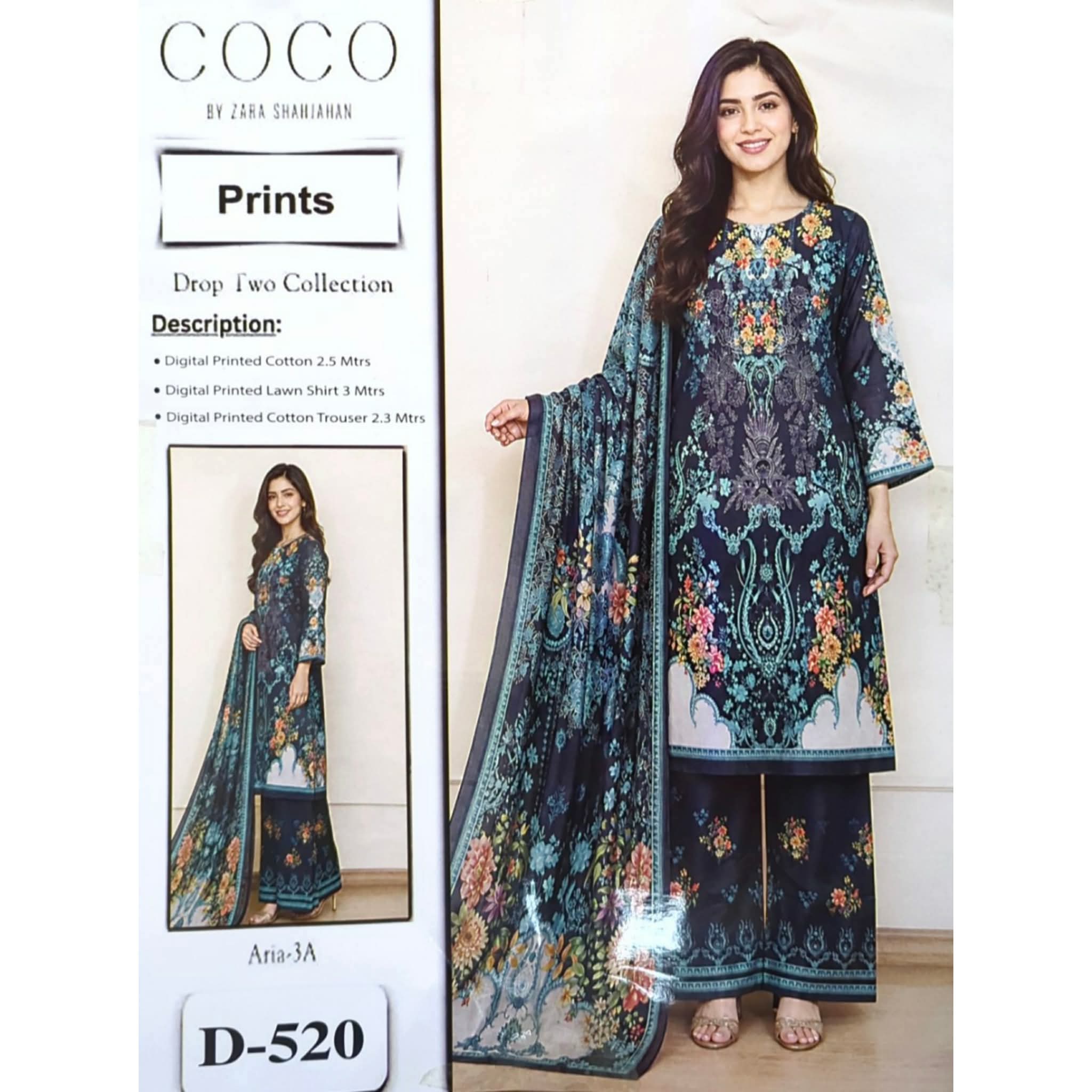 COCO By Zara Shahjahan Pakistani Digital Printed Lawn Cotton Three Piece Suit in Navy Blue (Design D-520)