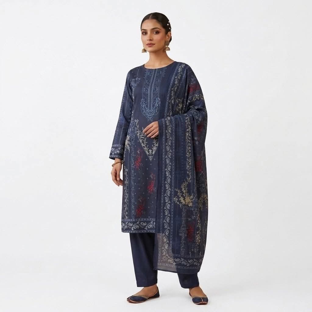 Model wearing a navy blue printed cotton three piece dress with matching dupatta