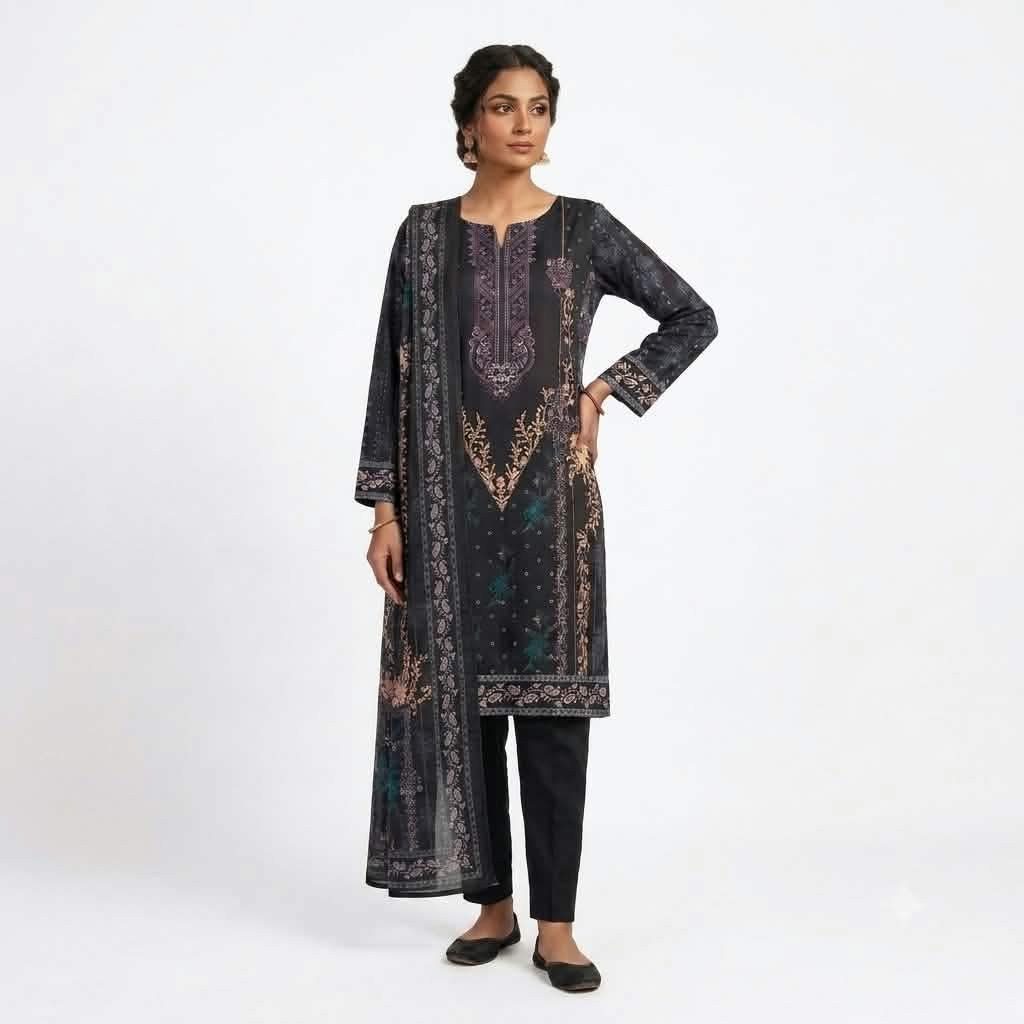 Model wearing charcoal black printed cotton three piece dress with matching dupatta