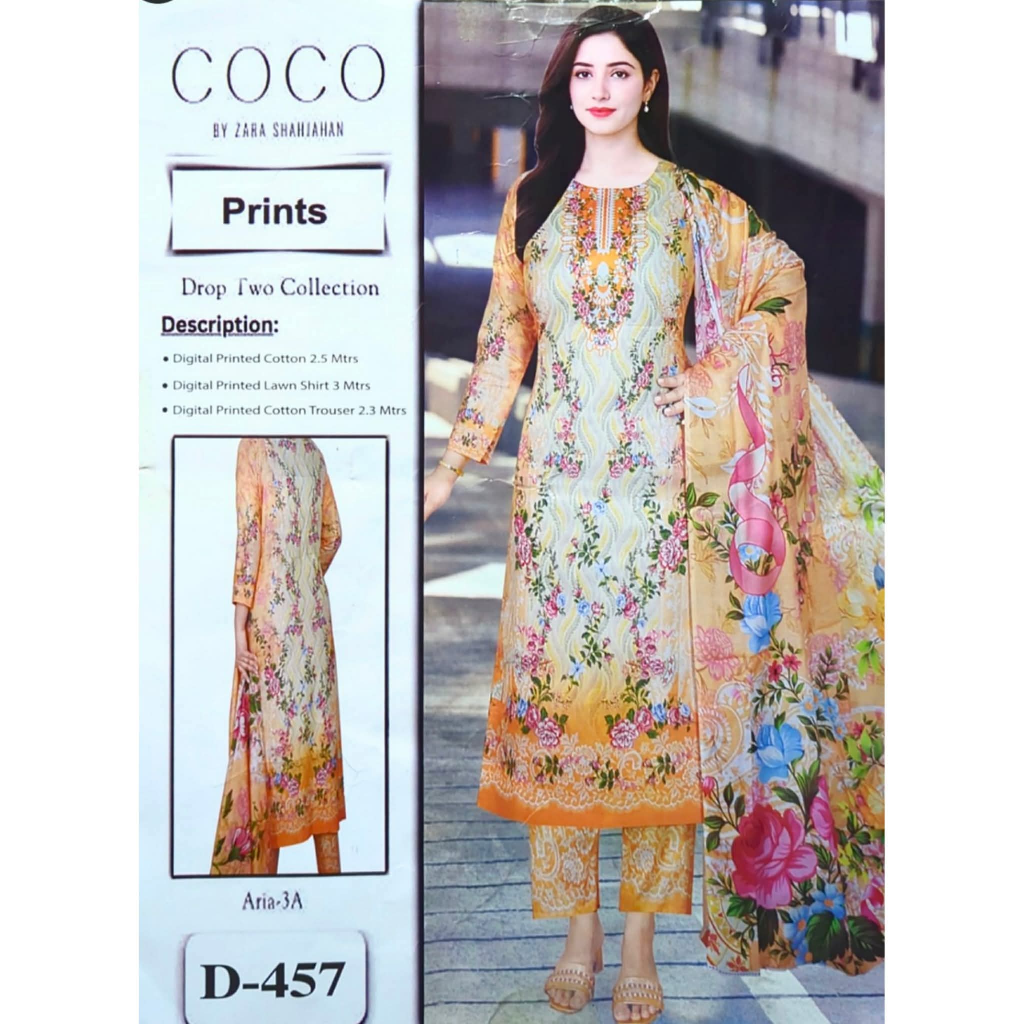 A woman modeling a yellow and floral digital printed Pakistani lawn cotton three-piece suit from COCO by Zara Shahjahan collection. The image includes a smaller view of the back and product details.